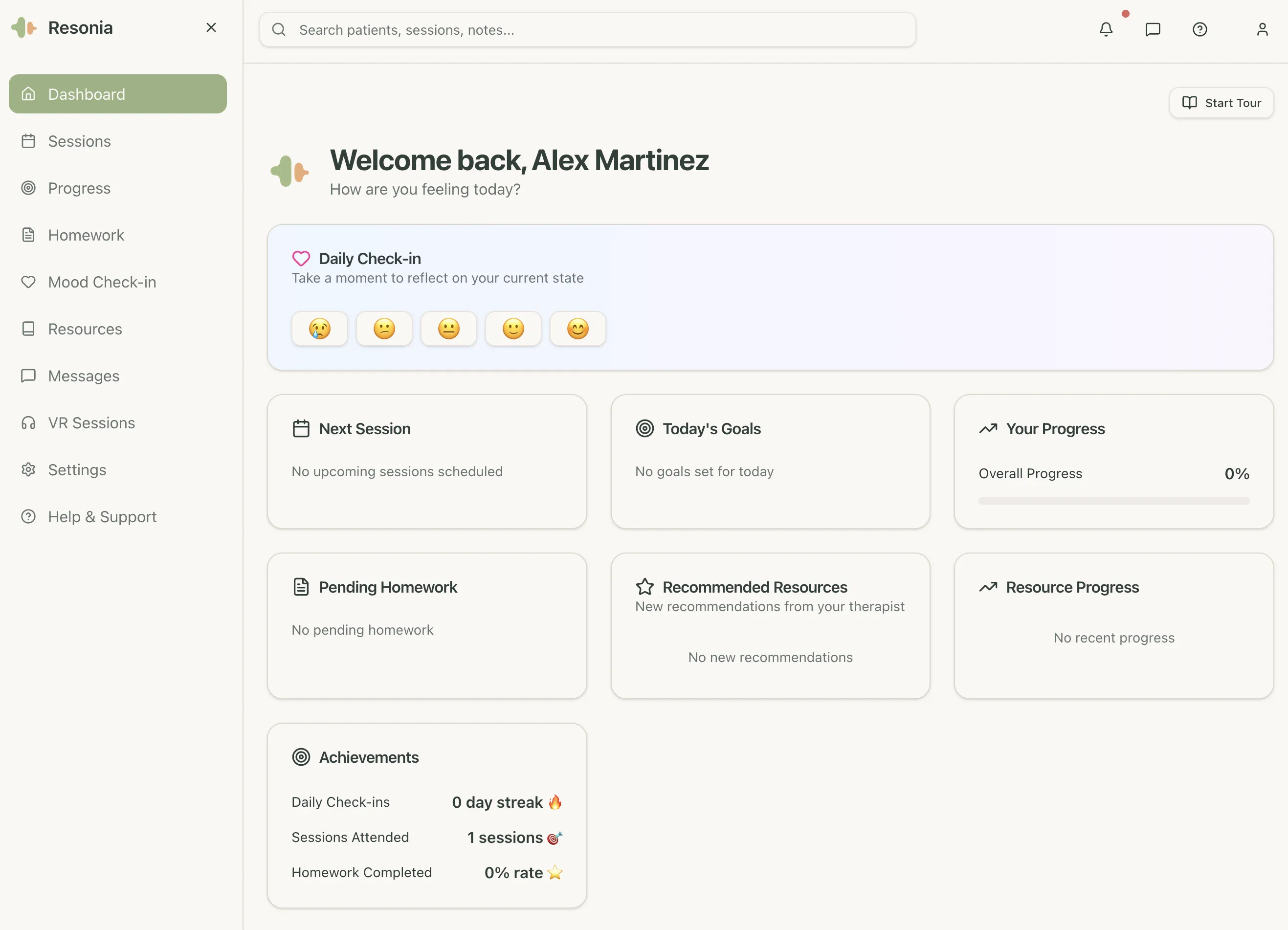 Patient dashboard with mood tracking, upcoming sessions, and resources